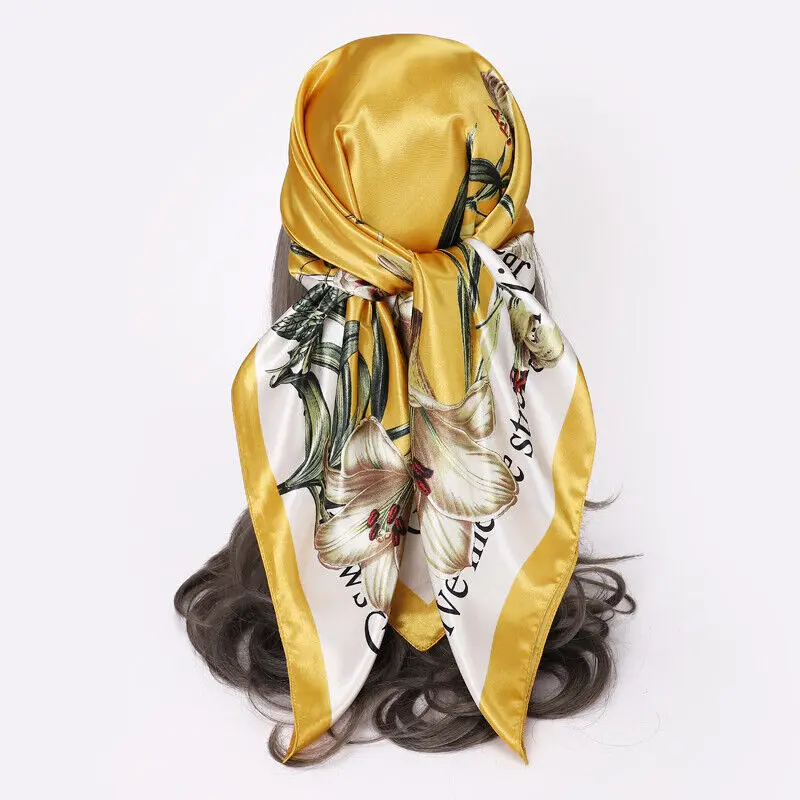 

Women Girl Square Scarf Fashion Flower Shawl Stole Hijab Faux Silk Kerchief Headband 35"*35"