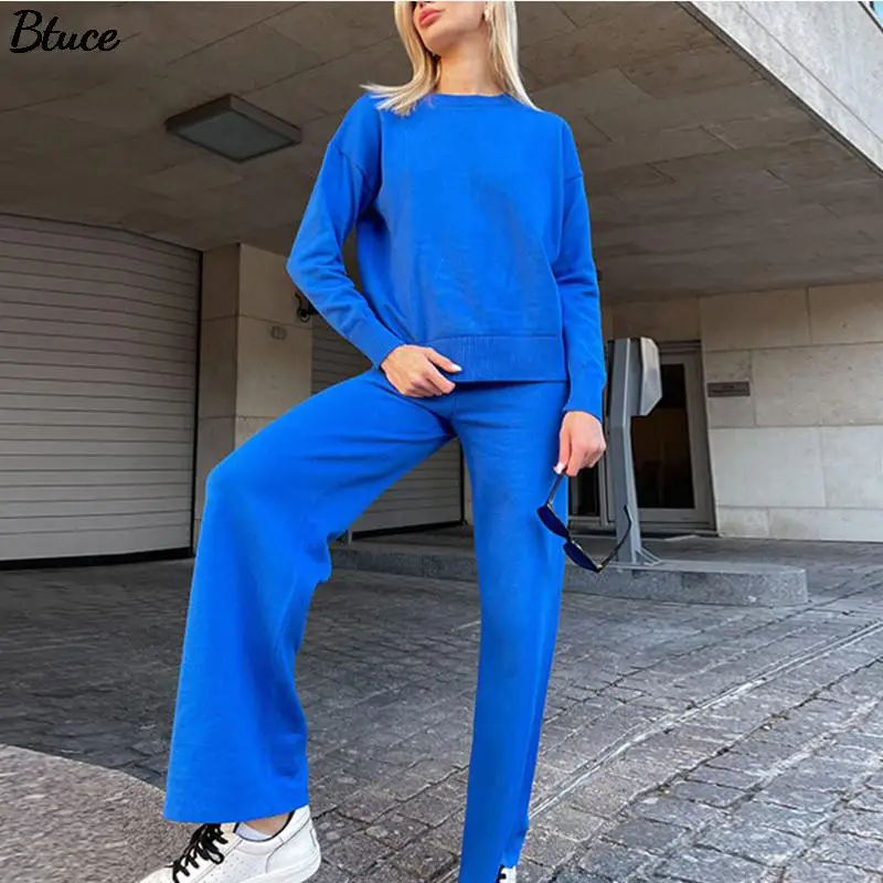 2021 Solid Knitted Trousers Suit For Women Autumn Winter Female Fashion Green Outfits With Drawstring Sweater Two Pieces Sets