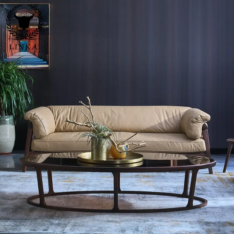 

Modern Nordic genuine leather North American black walnut sofa