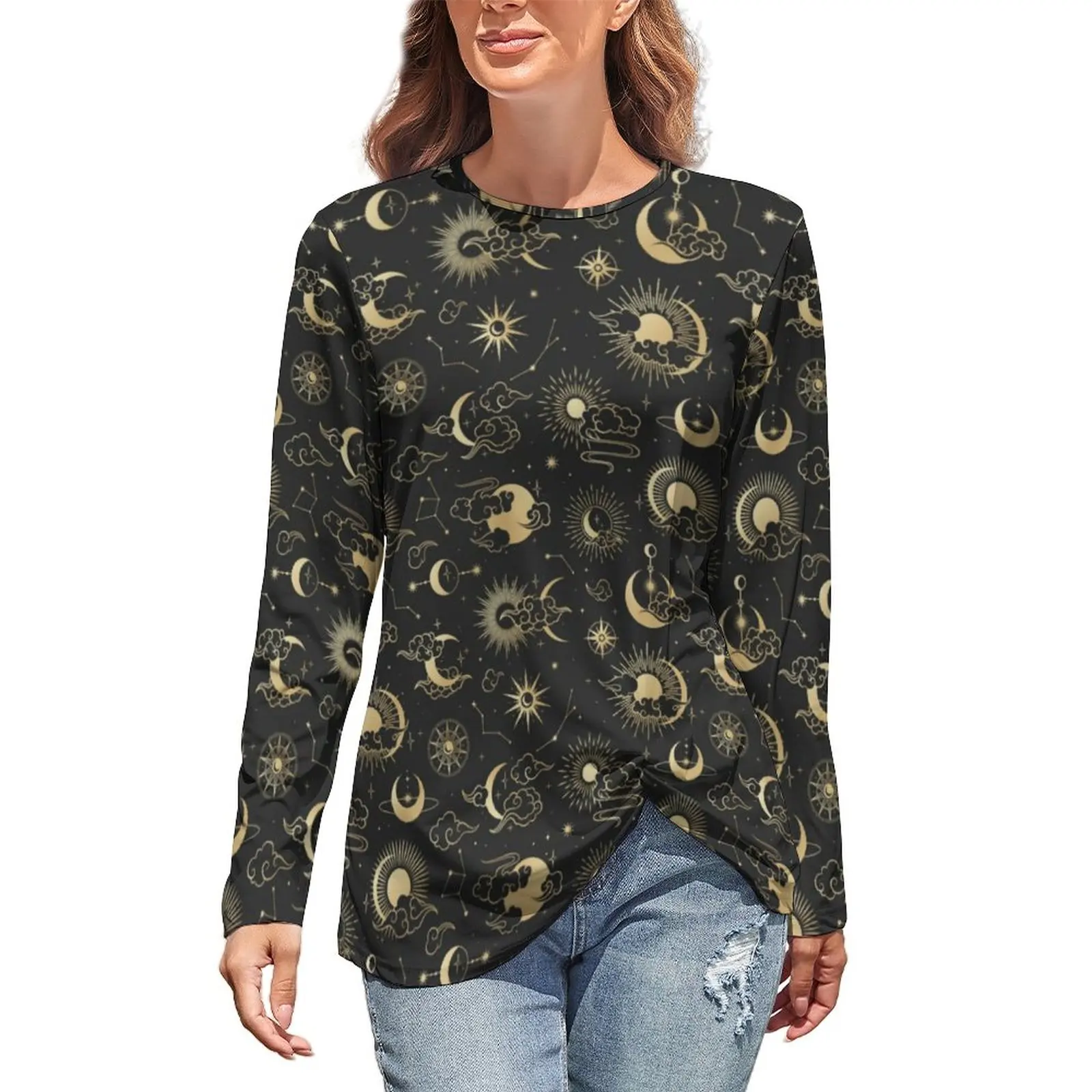 

Футболка женская оверсайз с длинным рукавом, модная тенниска с изображением Золотой Луны, звезд, солнца, астрологии, одежда с графическим пр...