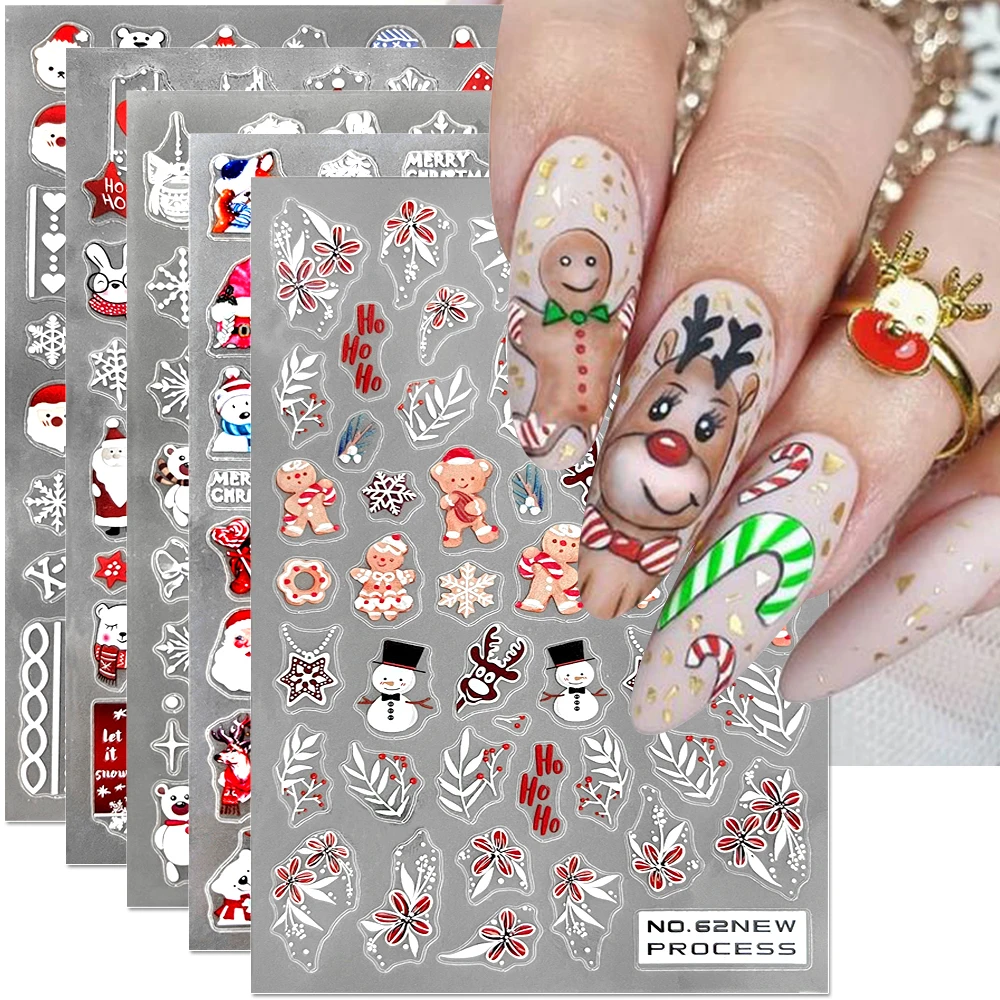 

3D Christmas Nail Art Stickers Cute Bear Gingerbread Man Elk Snowflake Nail Decals Xmas Nail Stickers Winter Holiday Nail Decor