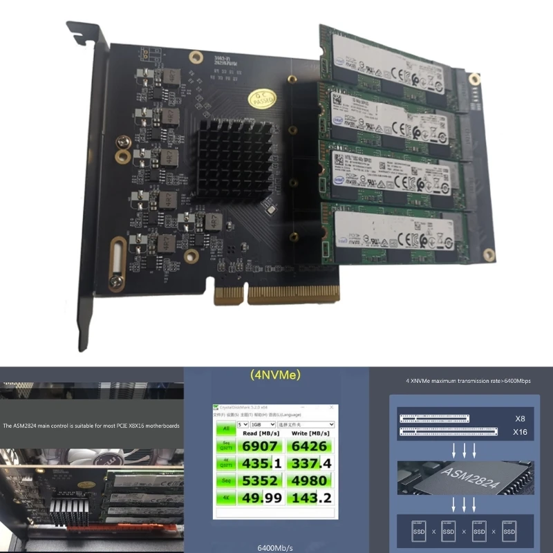 

Pcie4.0 x16 to m.2 M-Key NVME 4 SSD Expansion Card Software RAID Card 1 to 4 Slots 64Gbps Transfer Rate F19E