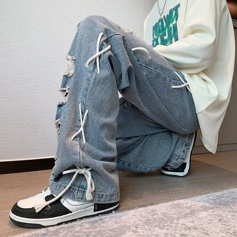 

Мужские рваные джинсы в стиле оверсайз, модные штаны из денима в стиле хип-хоп, свободные потертые брюки, брюки-карго с широкими штанинами