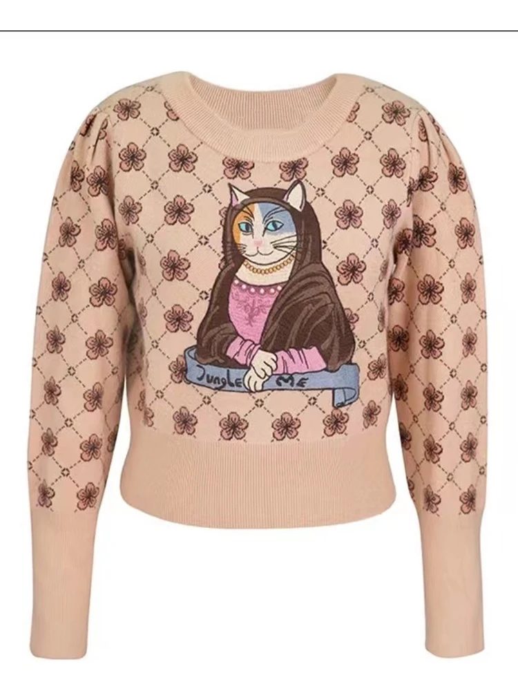 

Vintage Round Neck Pullover Sweater Long Sleeve Printed Knitwear 2023 Autumn New Fashion Women'S Clothing