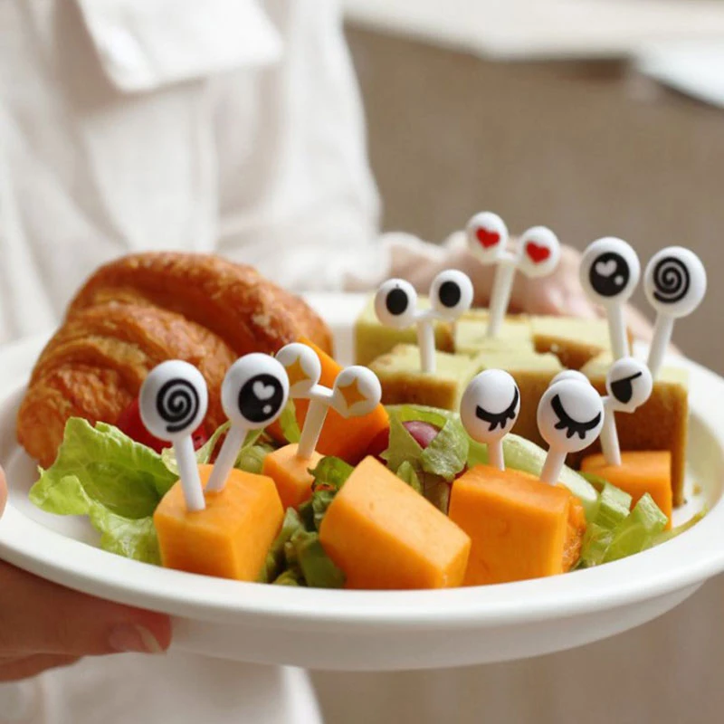 

Lovely 10pcs Plastic Fruit Toothpick Lovely Eye Cartoon Forks Bento Decorative Tableware Food Picks Fish Fork Dessert