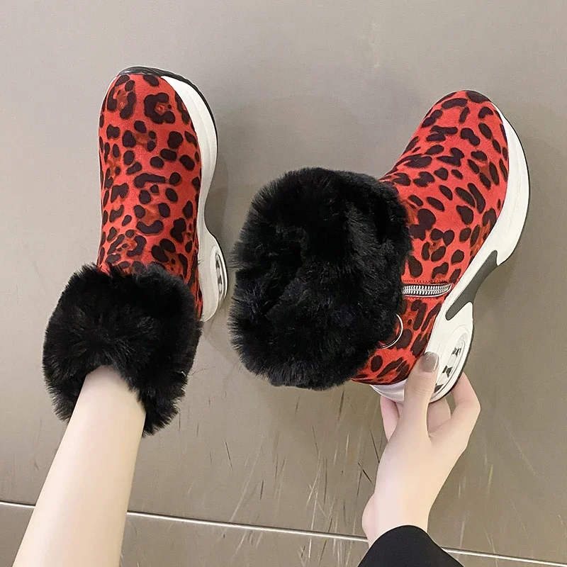 

Leopard Fur Flats Platform Women Ankle Winter Snow Boots Suede New Warm Shoes 2024 Fashion Short Plush Designer Cozy Mujer Botas