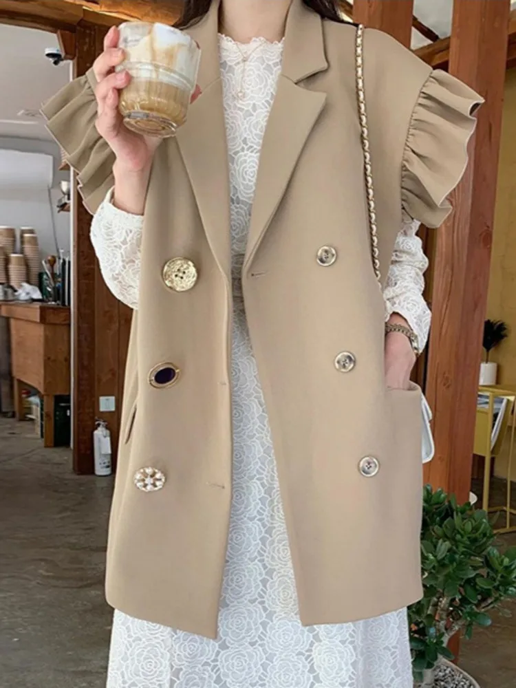 

[EWQ] 2023 Summer New Ruffles Turn-down Collar Loose Khaki Vest Office Lady Elegant Simple Ladies Jacket Chic Top Women Coats