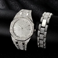 2pcs full iced out bracelet watch for men iced out watch fashion quartz wristwatch hiphop gold watch diamond mens watch set gift