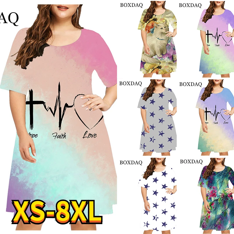 

2022 Summer Women's Abstract 3D Printed Dress Round Neck Causal Elegant Dress Knee Length Fational Painting Star Dress New