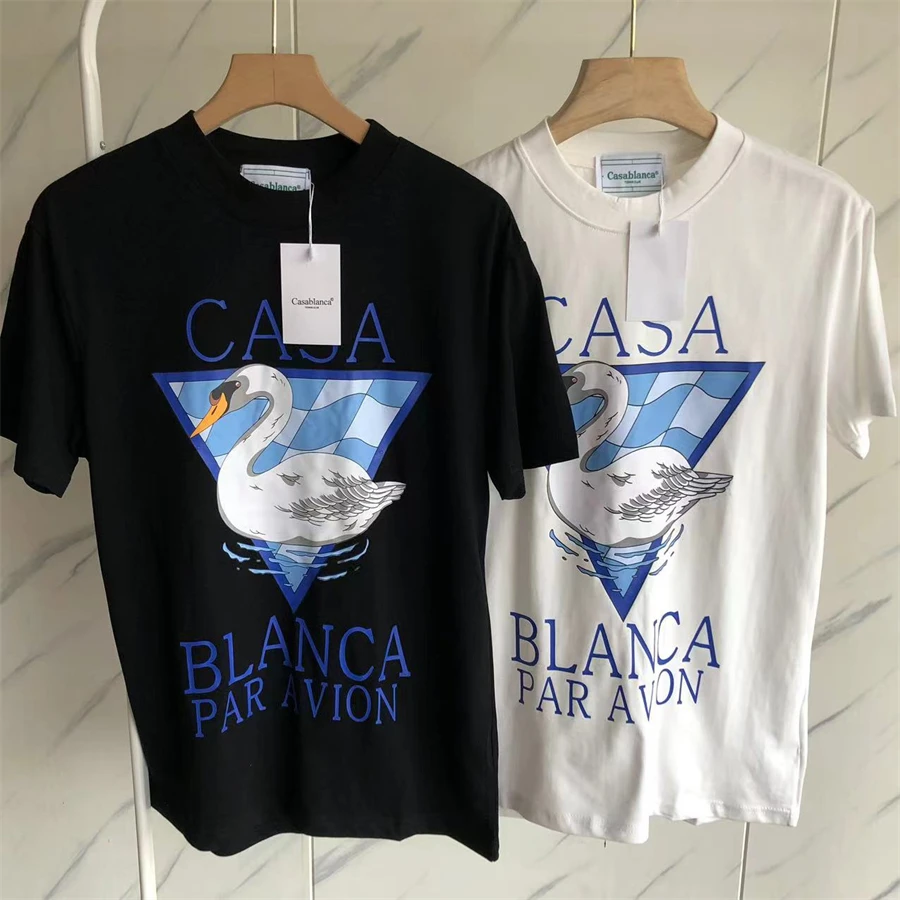 

Casablanca T-Shirt Men Women Swan Triangle Print Fashion Tee Black White With Tag