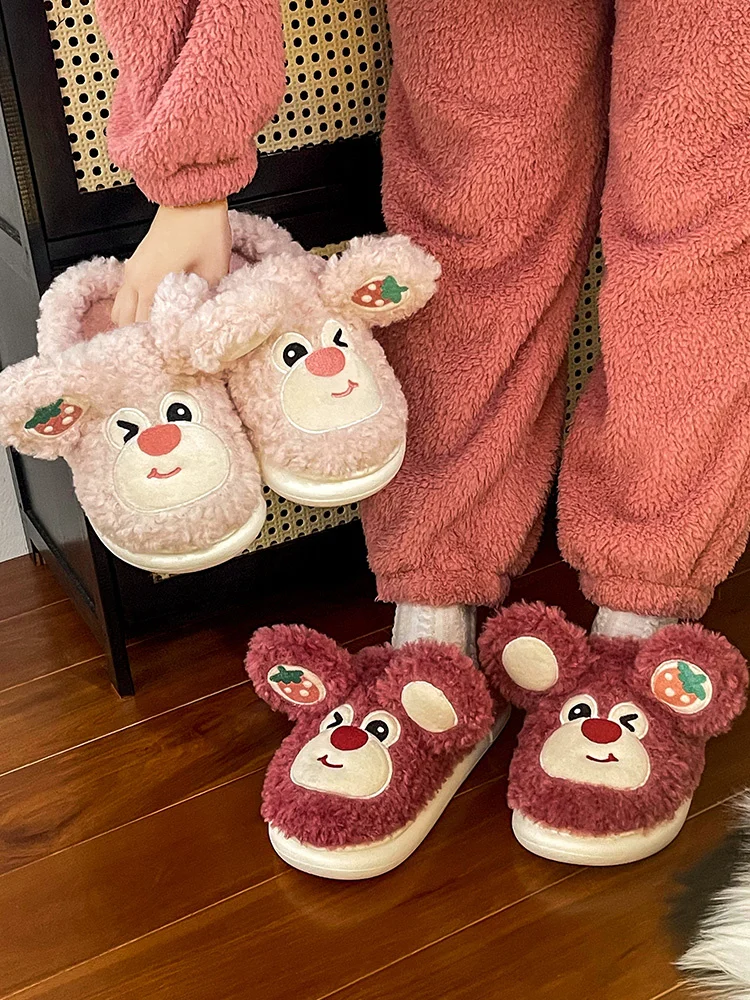 Cartoon Strawberry Bear Cotton Slippers Female Winter Cute Home Slipper Plus Plush Thick Soles Couple Man Slipper