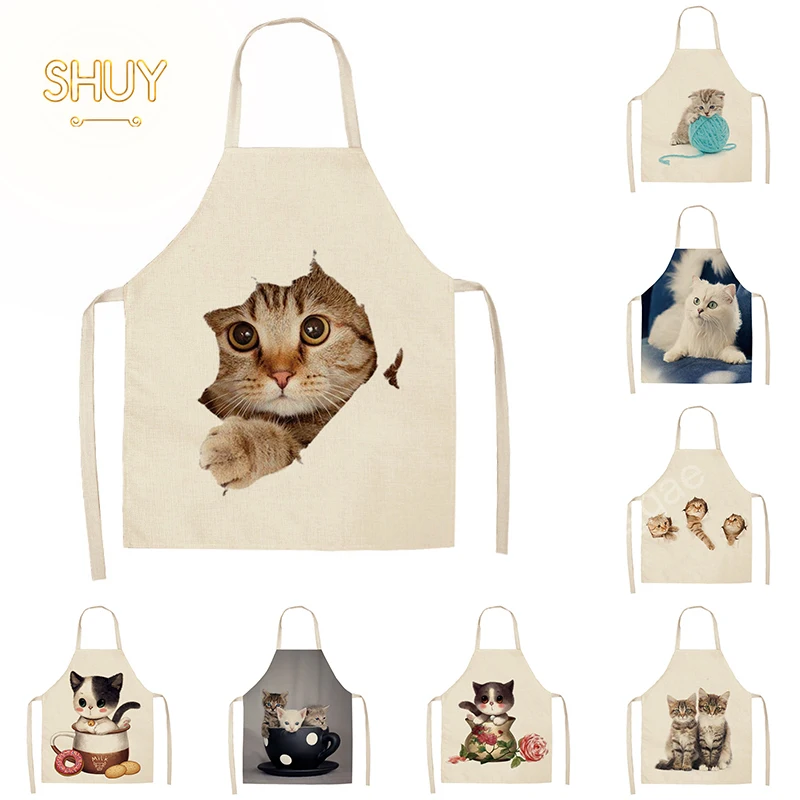 

1Pcs Lovely Cat Pattern Kitchen Apron for Women Kids Custom Cotton Linen Bibs Cute Aprons Cleaning Pinafore Home Cooking 53*65cm