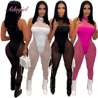 sexy stripe sheer mesh party club jumpsuit women solid mock neck sleeveless see through slim outfit rompers 2022 summer overalls