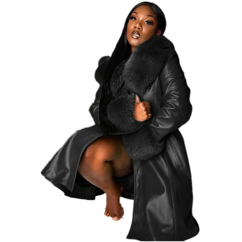 Faux Leather Jacket Ladies Winter Fashion Big Size Coat PU Fur Collar Big Fur Collar Temperament Commuter Belt Ladies Clothing