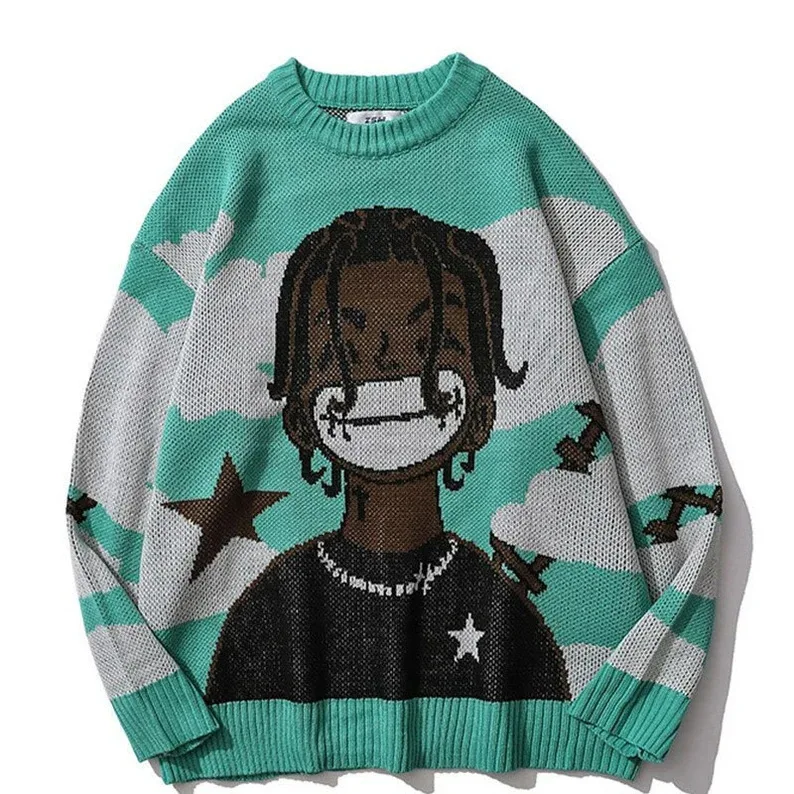 Harajuku vintage cartoon anime knitted sweater men winter oversized rock hip hop rap pullover women jumper ugly sweater
