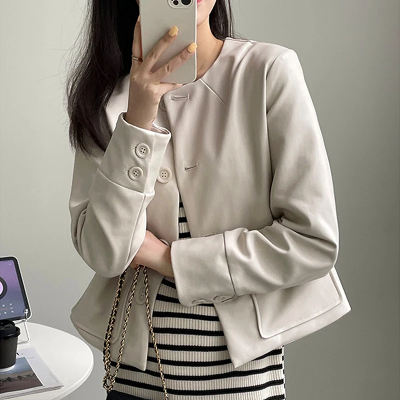 Pu Leather Jacket Women Black Soft Faux Leather Jacket Fashion Round Collar Leather Coats Female Bomber Solid Pockets Clothes