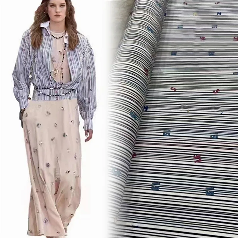

Haute Couture Striped Alphanumeric Print Silk Stretch Crepe De Chine Shirt Dress Silk Fabric Brand Logo Satin Cloth for Sewing