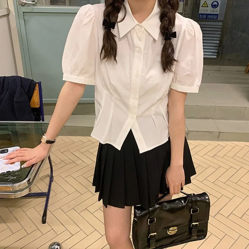 

2022 Japanese Harajuku Cropped Shirt for Women Girl Button Up Blouse White Cute Tops Summer Blusas Vintage Puff Sleeve Croptop