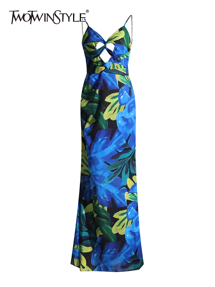 

TWOTWINSTYLE Casual Printing Dresses For Women Square Collar Sleeveless High Waist Slimming Hollow Out Dress Female Fashion 2023