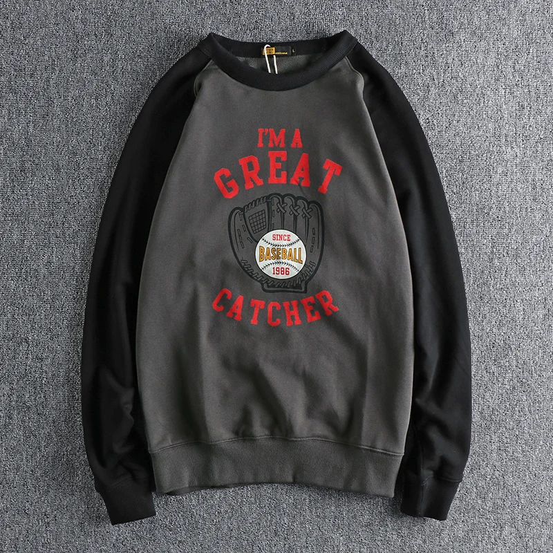 

Осенне-зимние американские повседневные толстовки с круглым вырезом и принтом, мужские махровые Удобные Свободные топы с потертостями и рукавами реглан