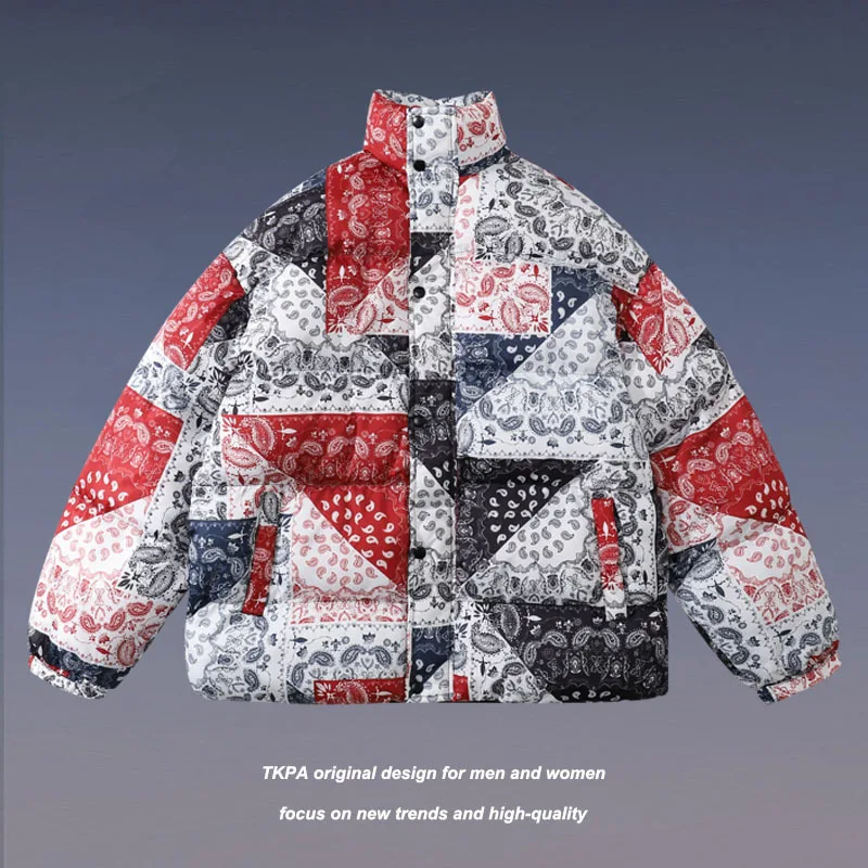 

Winter Parkas Men Streetwear Retro Splicing Cashew Flower Print Parka Mens Harajuku Hip Hop Warm Oversized Zipper Coats Couples