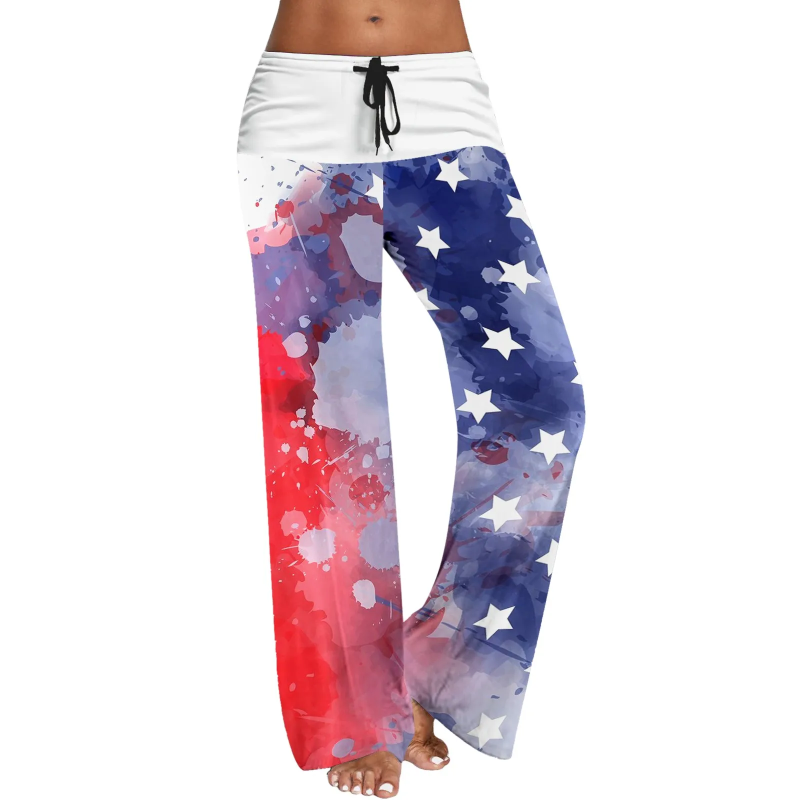 

Elegant Elastic Waist Flared Wide Leg Pants For Women July Of 4th American Flag Print Straight Yoga Pants With Pockets Trousers