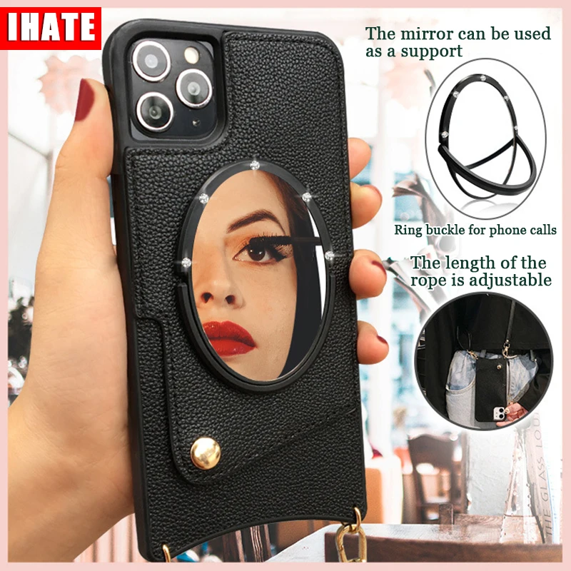 

Case For IPhone 13 11 12pro Max XS Mini XR X Lclined Span Hanging Rope Card Insertion Fishtail Mobile Phone Leather Case