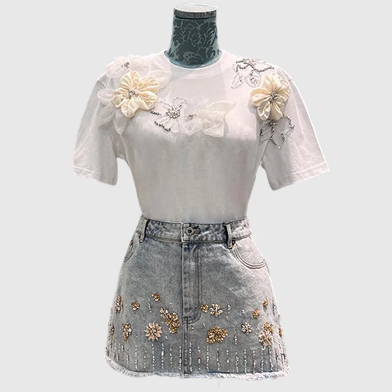 

Summer 2022 Big Name, Casual Fashion Elegant Ladies Clothing Heavy Work Diamond Print Short Sleeve T-Shirt and Skirt Suit Stick