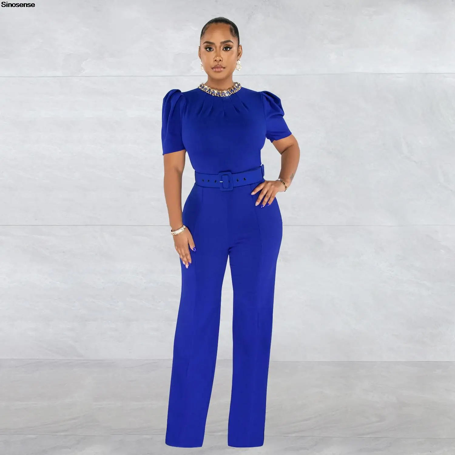 

Women Chain Collar Puff Short Sleeve Straight Jumpsuit Elegant OL Work Office Belt Romper Y2K Streetwear Club Party Rompers