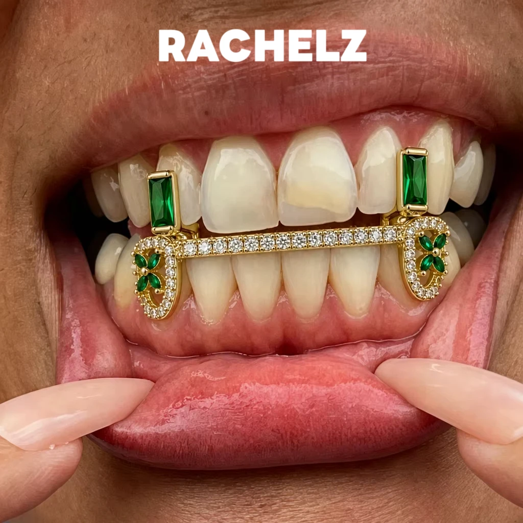 Фото RACHELZ Набор из 3 штук: Зеленые циркониевые грилзы для зубов в винтажном стиле Y2K с цветочными элементами и стразами CZ, ювелирные украшения для зубов, подарок №1
