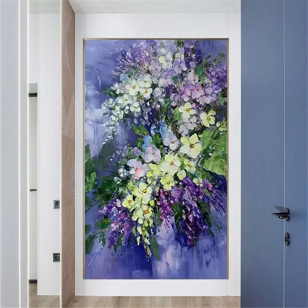 

100% Hand Painted Purple Flower With Green Leaf Beautiful Plant Art Oil Paintings On Canvas Modern Home Decor Wall Art Artwork