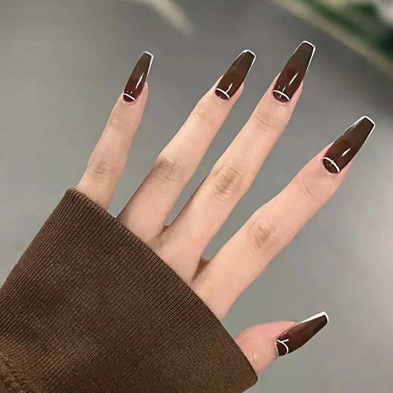 

Dark Brown Nail Art Wearable Press On Fake Nails Tips 24pcs/box False Nails With Wearing Tools As Gift