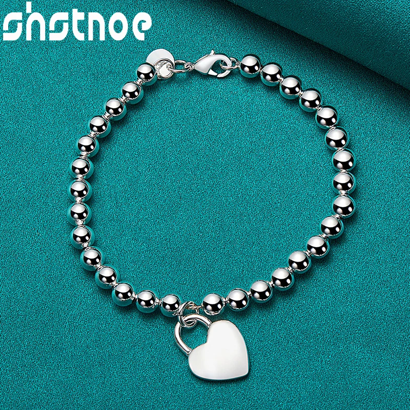 

925 Sterling Silver 6mm Heart Lock Beads Chain Charm Strand Bracelets For Women Man Party Birthday Accessories Christmas Jewelry
