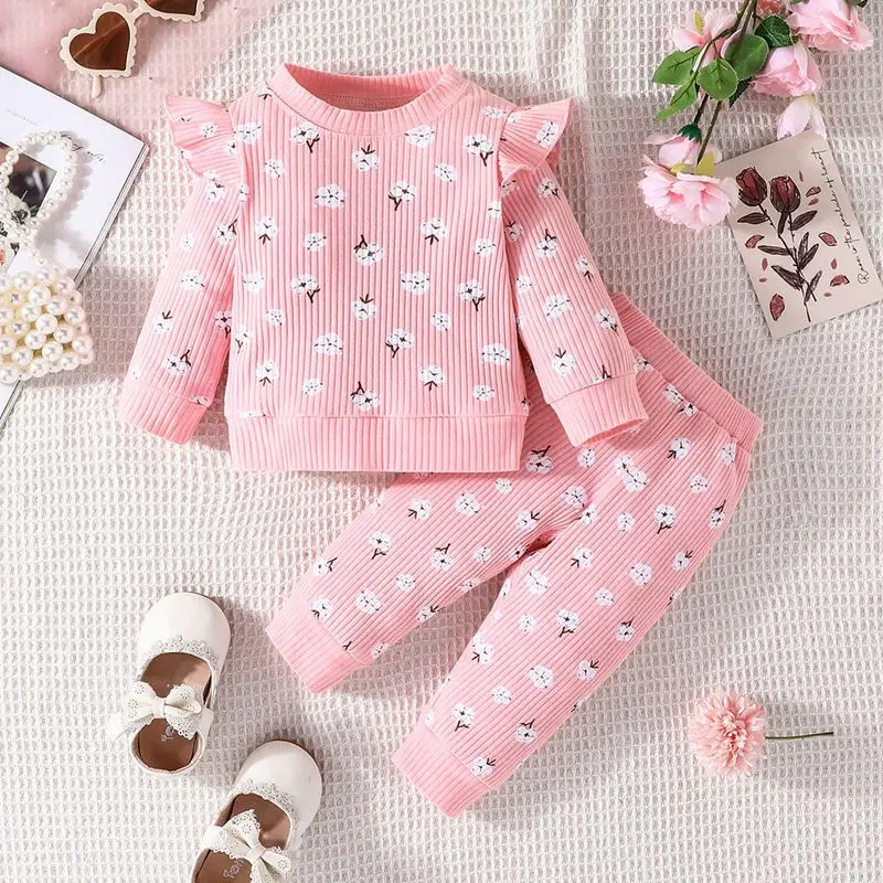 

2PCS Baby Girl Sweatshirts Set Toddle Cotton Flower Print Outfit Kids Autumn Causal Top Pant Costume Infant Clothing Suits 0-2Y