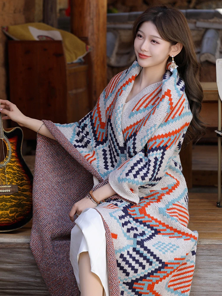 Новинка 2023 вязаный Элегантный женский шарф зимнее винтажное клетчатое пончо