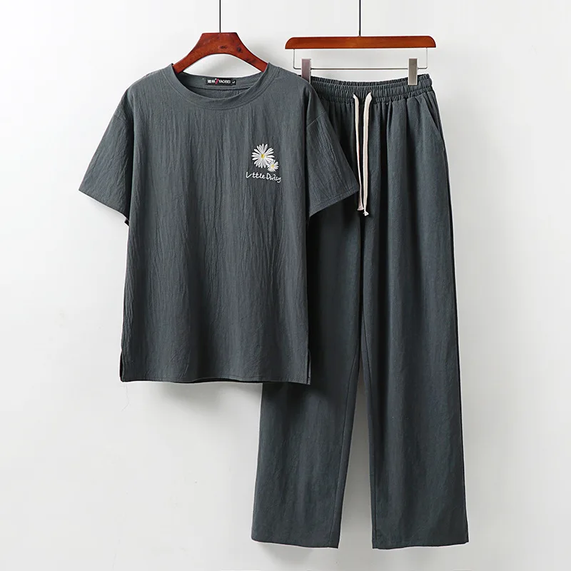 

Linen Short Sleeve Men's Chinese Style Cotton and Linen Suit Half SleeveTT-shirt and Trousers Trendy Matching Two-Piece Suit Emb