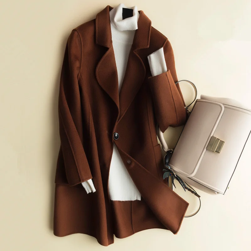 

Winter Autumn Fashion Slim Mid Long Double Sided Wool Coat Women Casual Outerwear Solid Color Big Pocket Woolen Jacket Female