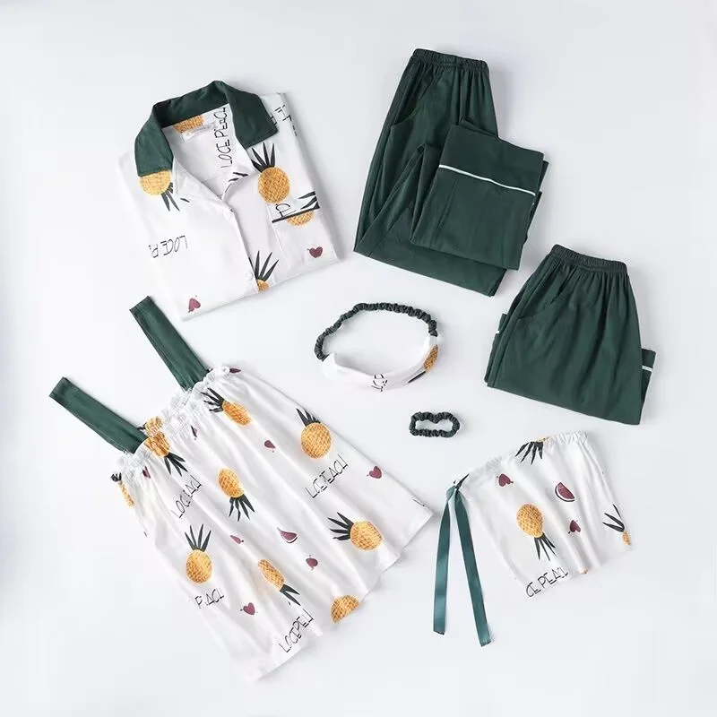 100% Cotton Pajamas Set Women Sweet Cartoon Print Full-Sleeve Shirt Pyjamas Top Soft Homewear Clothes Big Size 7PCS/Set