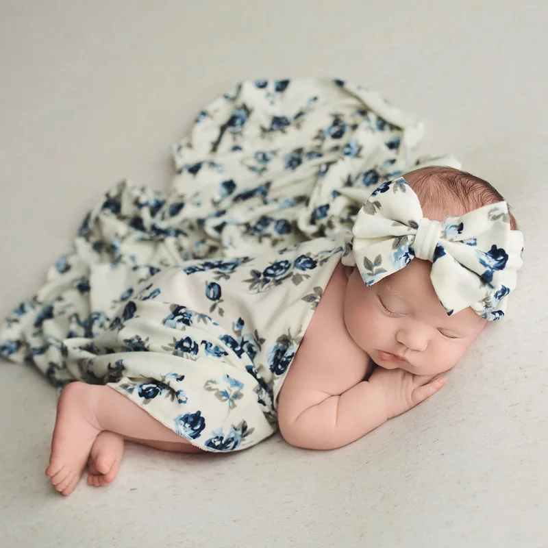 Dvotinst Newborn Baby Photography Props Bebe Soft Floral Wraps Bow-knot Headband 2pcs Set 80x80cm Studio Shooting Accessories