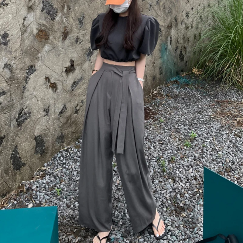 

2022 Korean Chic High-waisted Asymmetrical Wide Leg Pants Loose Belted Solid Trousers Women Summer Thin Full Length Pants Female