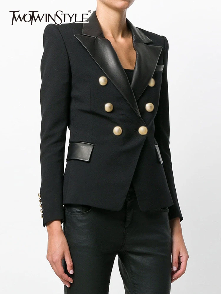 

TWOTWINSTYLE Solid Casual Blazers For Women Notched Collar Long Sleeve Patchwork Double Breasted Vintage Blazer Female Clothing