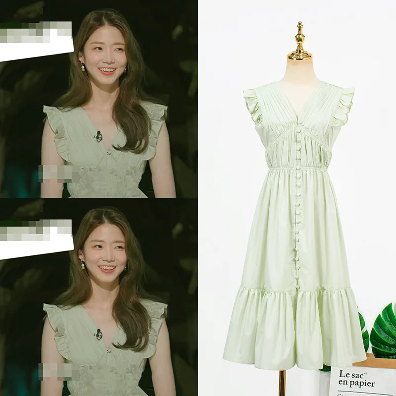 

Kpop Korea Summer Party Elegant Mid-Length Dress Women 2022 Sexy High Wasit Single-Breasted Dresses Sleeveless V-Neck Long Dress