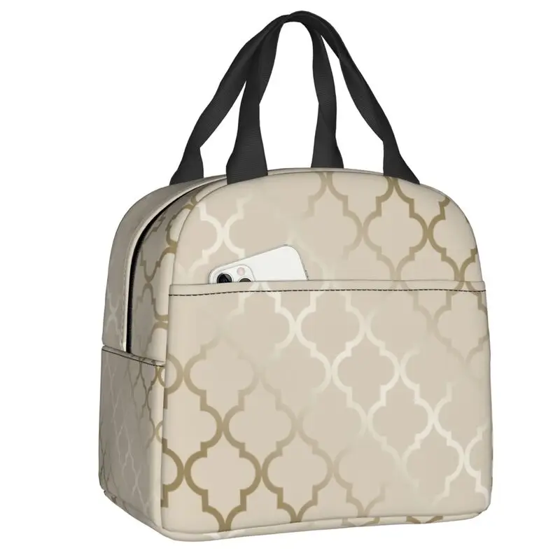 

Elegant Metallic Moroccan Quatrefoil Trellis Pattern Lunch Bag Women Thermal Cooler Insulated Lunch Boxes for Adult Office