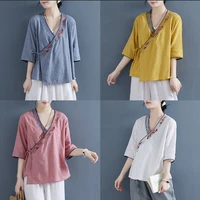 women retro embroidered cotton linen tops shirts chinese style loose blouse hanfu robes coat oriental clothing v neck cardigan