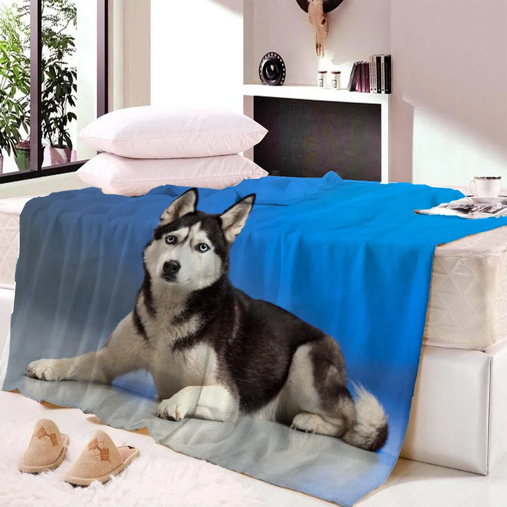 

Custom DIY Print Throw Blanket on Bed Sofa 3D Animal Dog Sherpa Blanket Husky Bedspreads Thin Quilt