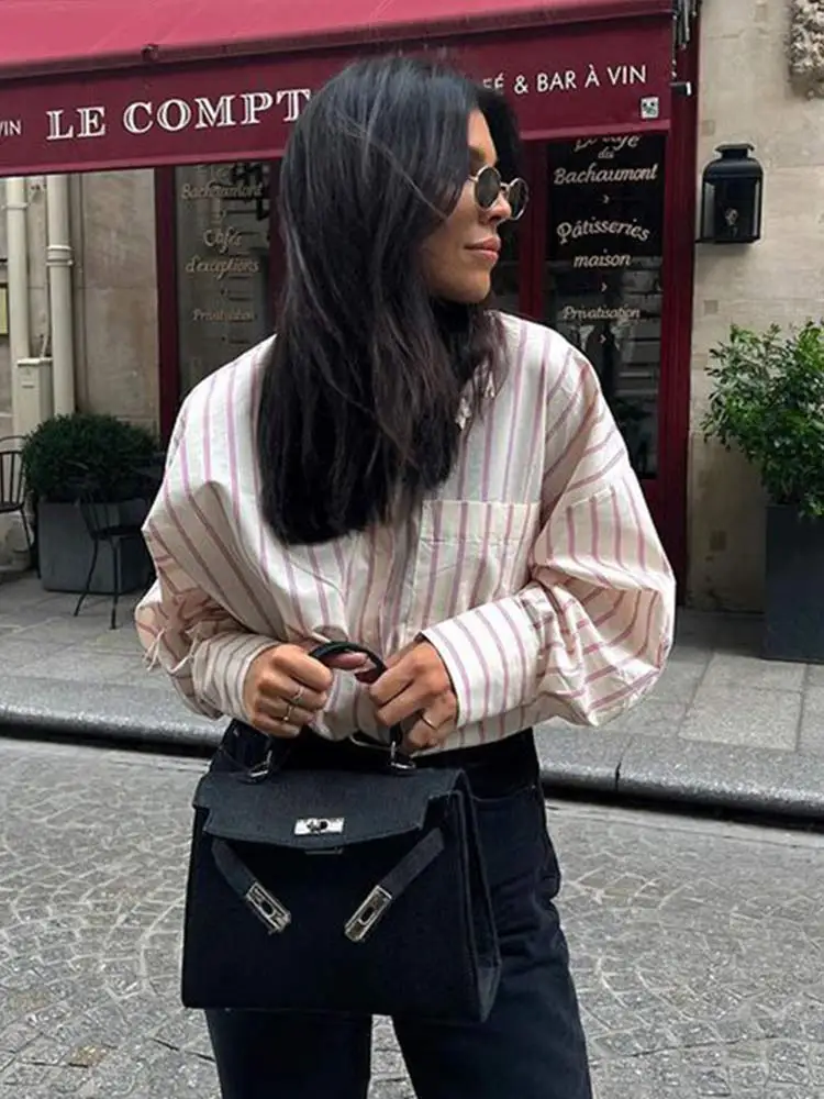 

Fashion Lapel Stripe Blouses Women Causal Single-breasted Long Sleeved Print Shirt Spring Summer Chic Female Pullover