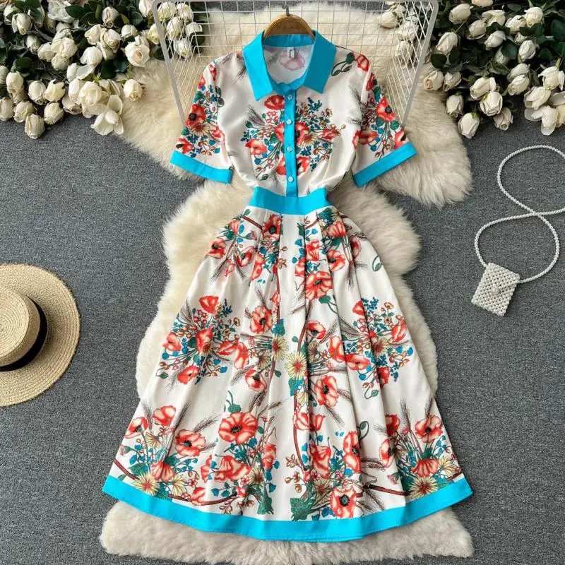 

WEIHAOBANG 2022 Summer Women's New Print Stitching Lapel Short Sleeve High Waist Casual Dress Medium Long Slim A-line Skirt