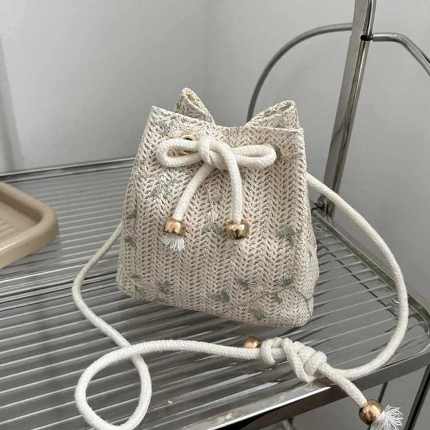 Корейский стиль тканая сумка через плечо с цветочным узором бежевая соломенная