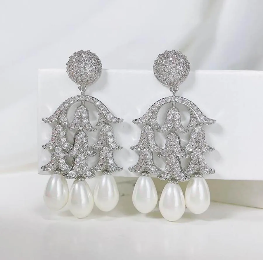 

elegant French court bead drop earrings European women luxurious zircon bridal jewelry vintage pearl BAROQUE eardrop