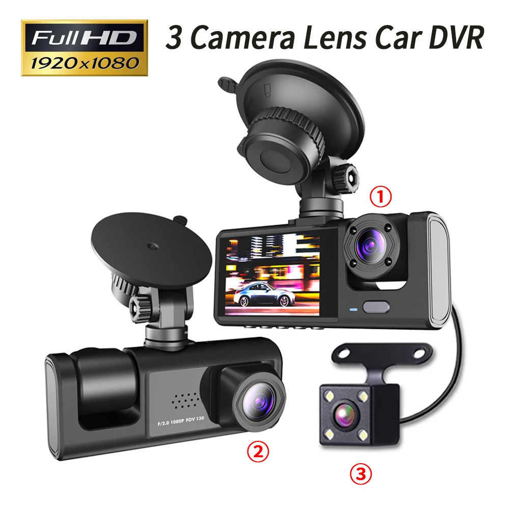 

3 Channel Car DVR HD 1080P 3-Lens Inside Vehicle Dash Cam Three Way Camera DVRs Recorder Video Registrator Dashcam Camcorder